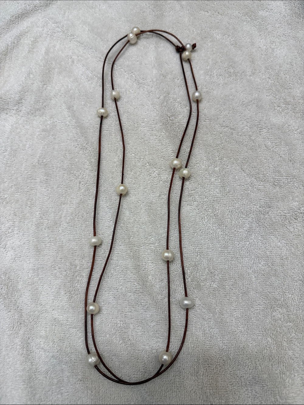 Handmade Brown Leather and White Freshwater Pearl Long Necklace